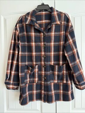 Plaid Button-Front Women’s Jacket - Navy & Rust